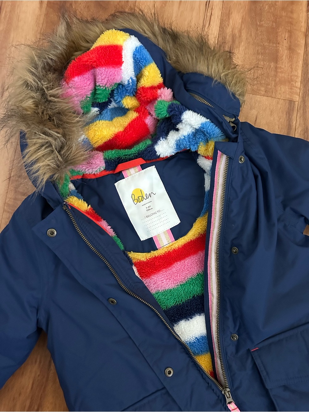 Boden Girls Navy Hooded Coat with Rainbow Lining and Removable Faux Trim